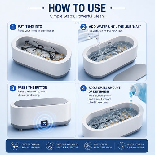 Cleanmate™ Ultrasonic Cleaner 48KHz with RGB Lights for Eyeglasses, Rings, Watches, Dentures